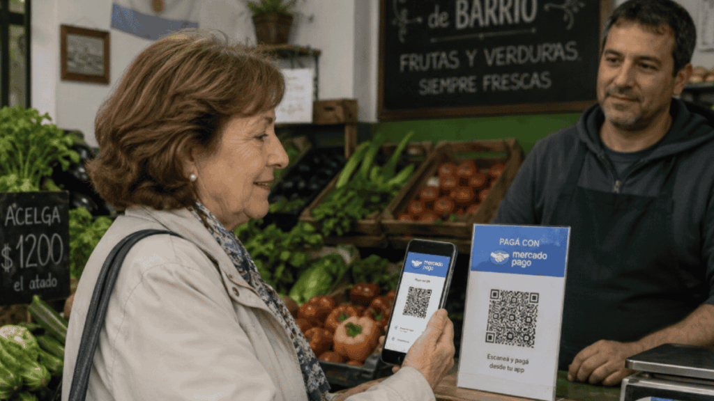 Mujer pagando en una verdulería con un código QR de MercadoPago.