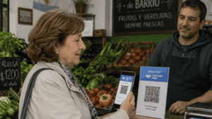 Mujer pagando en una verdulería con un código QR de MercadoPago.