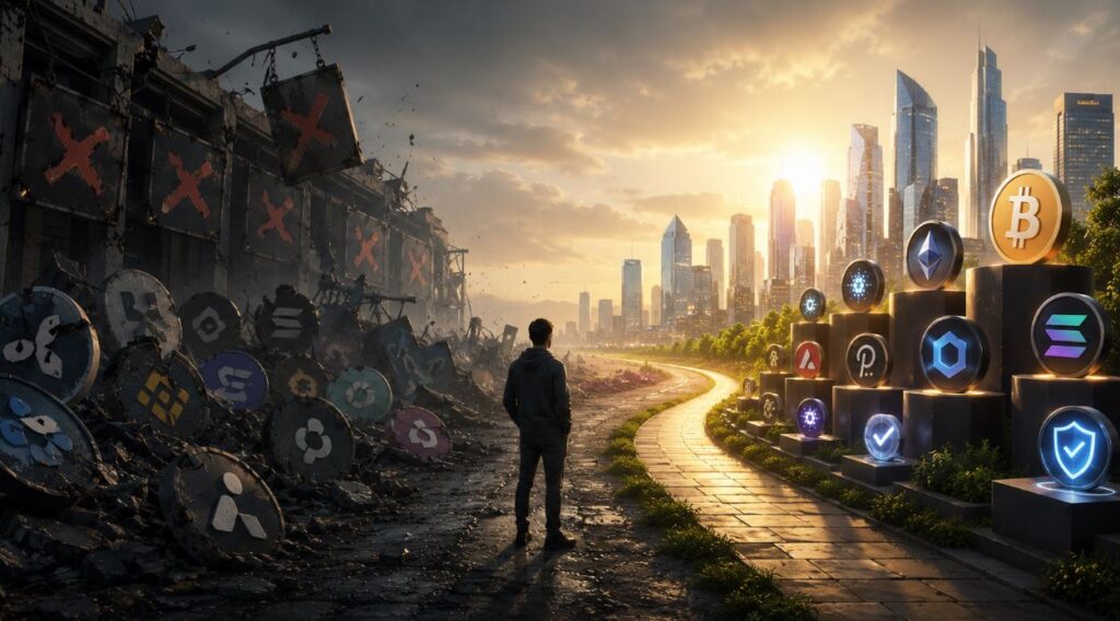 Un sujeto mira el sol saliendo por detrás de edificios altos, rodeados de monedas físicas de bitcoin y otras criptomonedas.