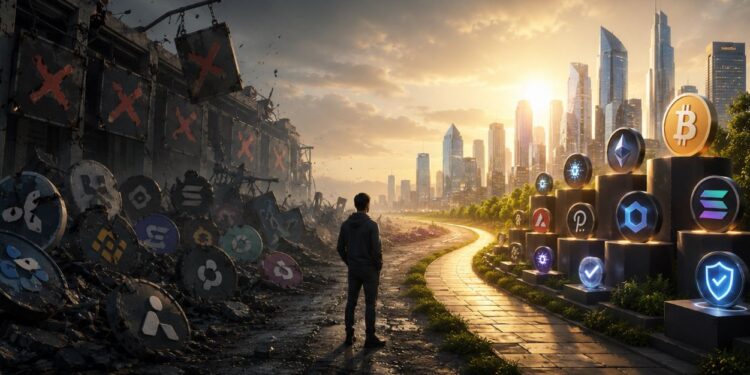 Un sujeto mira el sol saliendo por detrás de edificios altos, rodeados de monedas físicas de bitcoin y otras criptomonedas.