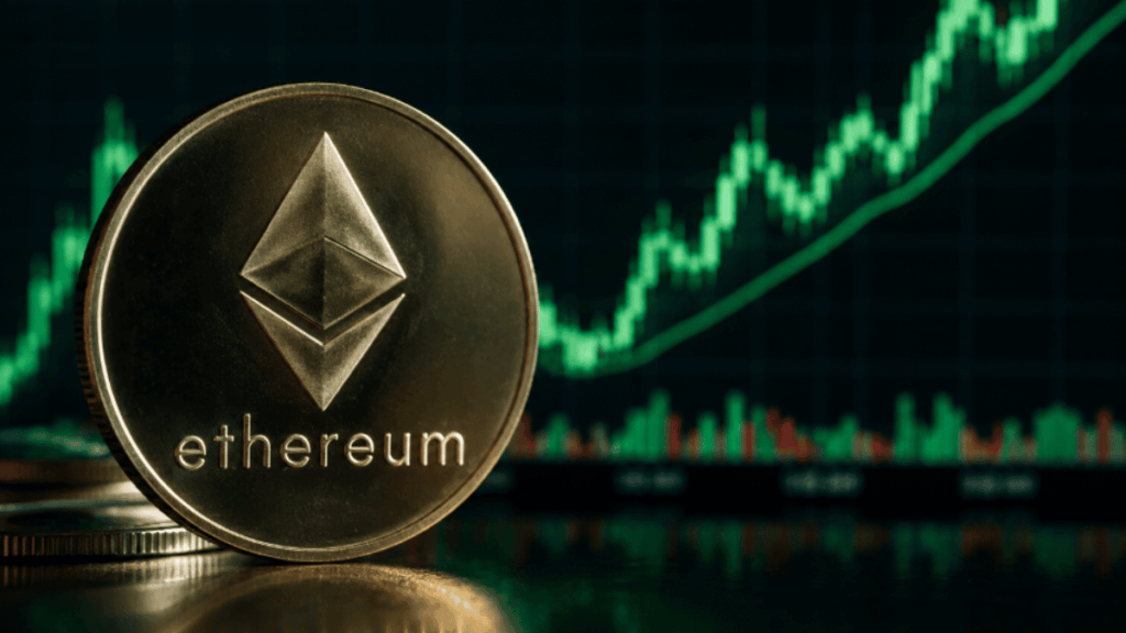 Moneda física de ether. Gráfico de precio subiendo.