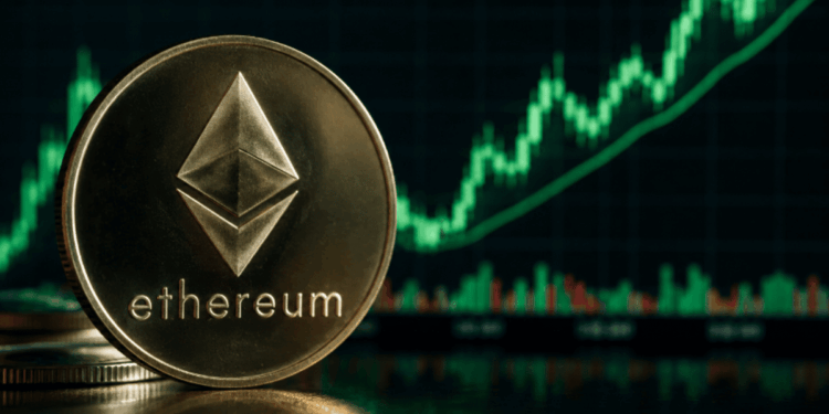 Moneda física de ether. Gráfico de precio subiendo.