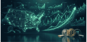 Mapa de Estados Unidos junto a unas criptomonedas.