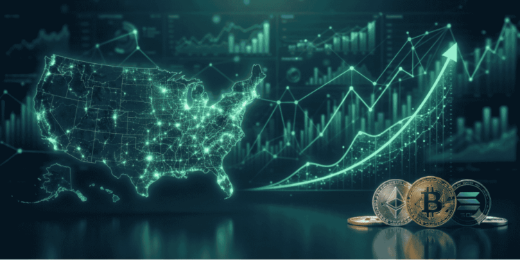Mapa de Estados Unidos junto a unas criptomonedas.