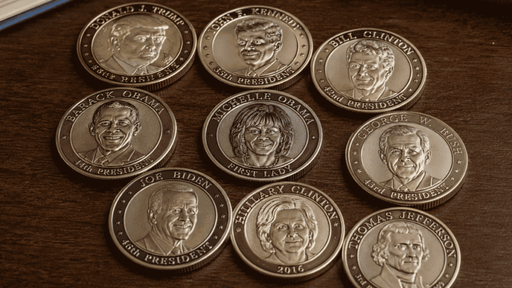 Monedas con rostros de presidentes de Estados Unidos arriba de una mesa.