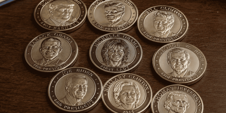 Monedas con rostros de presidentes de Estados Unidos arriba de una mesa.
