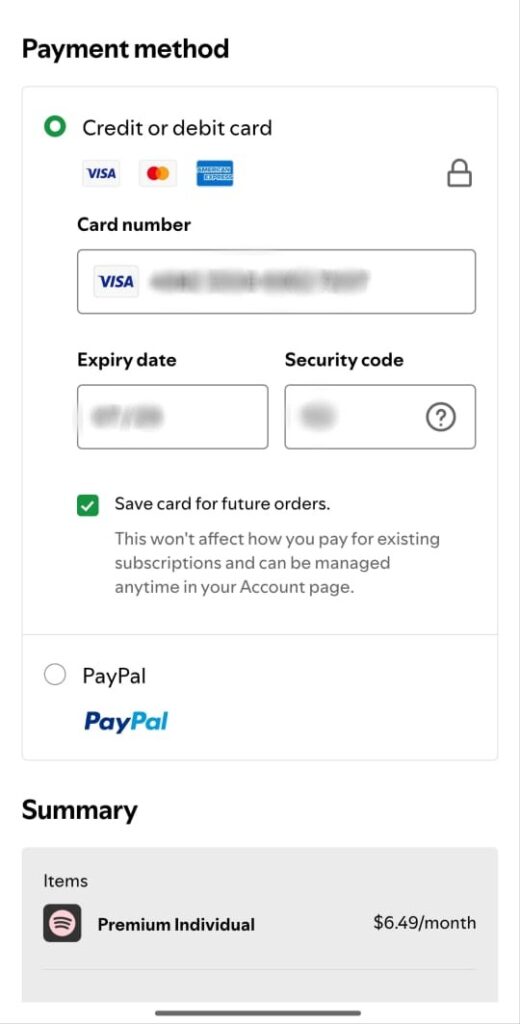 Interfaz de Spotify para pagar el servicio.