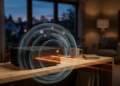 Photorealistic 3D render of a small matte-black home server box on a light wooden shelf in a dimly lit living room. Clean straight orange light beams emerge from its front panel, piercing and dissolving translucent grey-blue concentric layers that surrounded it. A single orange LED glows on the chassis. Soft cinematic lighting, warm night atmosphere, shallow depth of field, blurred window at dusk in the background. Bitcoin-orange, black and deep blue palette. No text, no logos, no branding. 16:9 horizontal composition with negative space on the right.