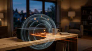 Photorealistic 3D render of a small matte-black home server box on a light wooden shelf in a dimly lit living room. Clean straight orange light beams emerge from its front panel, piercing and dissolving translucent grey-blue concentric layers that surrounded it. A single orange LED glows on the chassis. Soft cinematic lighting, warm night atmosphere, shallow depth of field, blurred window at dusk in the background. Bitcoin-orange, black and deep blue palette. No text, no logos, no branding. 16:9 horizontal composition with negative space on the right.