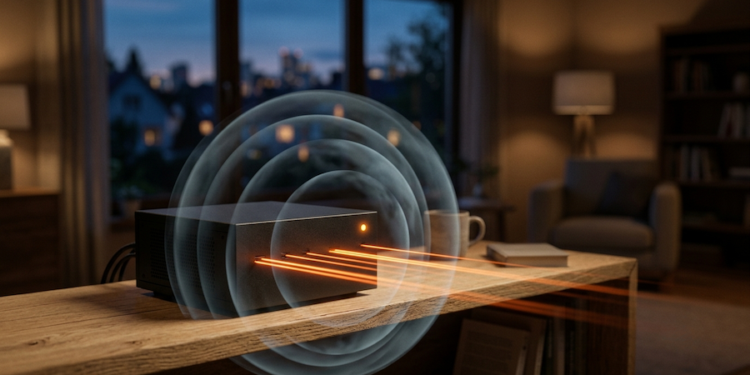 Photorealistic 3D render of a small matte-black home server box on a light wooden shelf in a dimly lit living room. Clean straight orange light beams emerge from its front panel, piercing and dissolving translucent grey-blue concentric layers that surrounded it. A single orange LED glows on the chassis. Soft cinematic lighting, warm night atmosphere, shallow depth of field, blurred window at dusk in the background. Bitcoin-orange, black and deep blue palette. No text, no logos, no branding. 16:9 horizontal composition with negative space on the right.