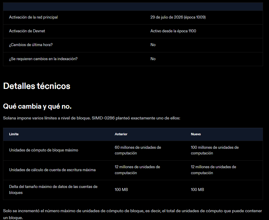 Detalles técnicos de la actualización en Solana.