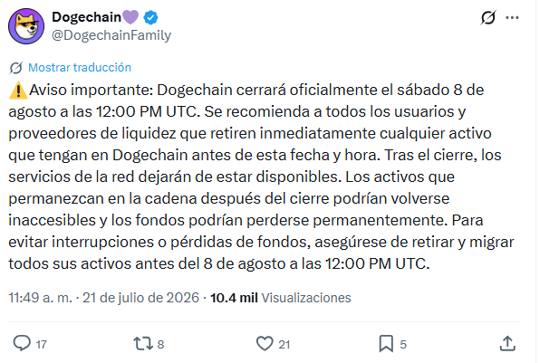 Comunicado de Dogechain en X.