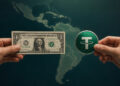 Dolar y USDT, de fondo mapa de Latinoamérica.