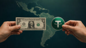 Dolar y USDT, de fondo mapa de Latinoamérica.