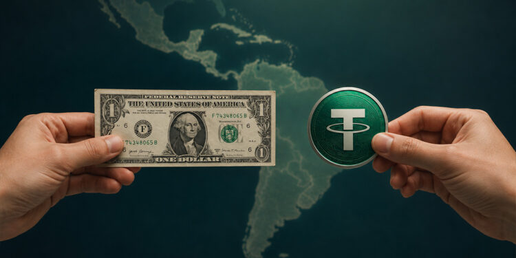 Dolar y USDT, de fondo mapa de Latinoamérica.