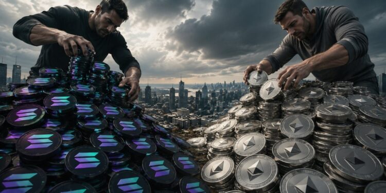 Dos gigantes acumulando monedas físicas de ether y solana