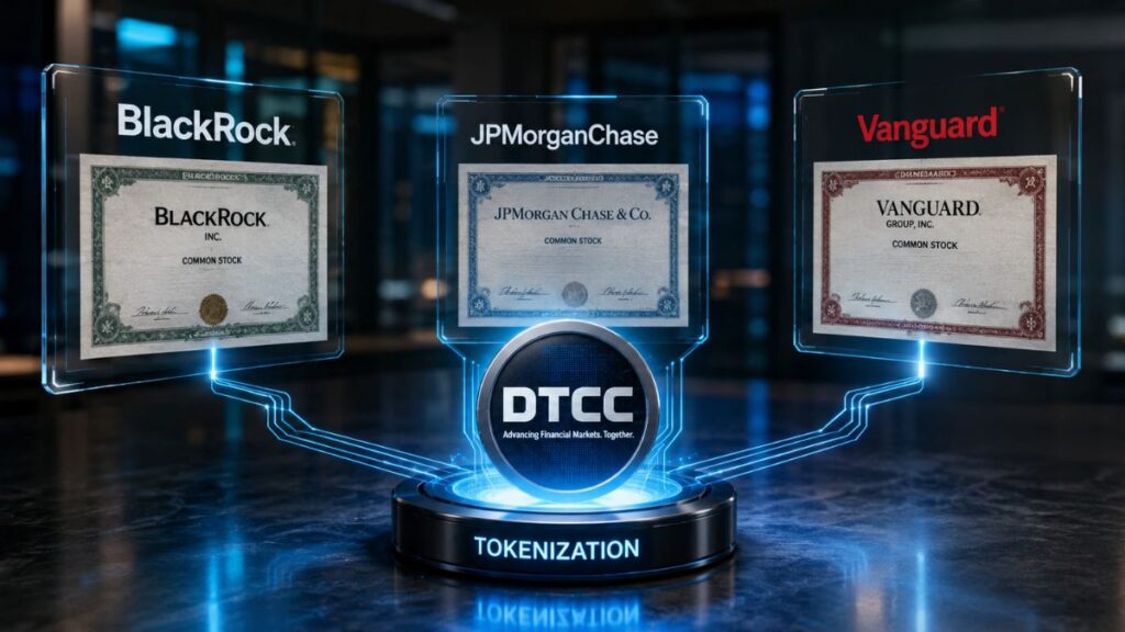 Representación digital de la tokenización de acciones de BlackRock, JPMorgan Chase y Vanguard por parte de DTCC.
