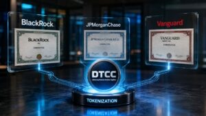 Representación digital de la tokenización de acciones de BlackRock, JPMorgan Chase y Vanguard por parte de DTCC.