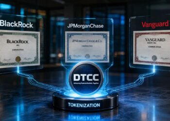 Representación digital de la tokenización de acciones de BlackRock, JPMorgan Chase y Vanguard por parte de DTCC.