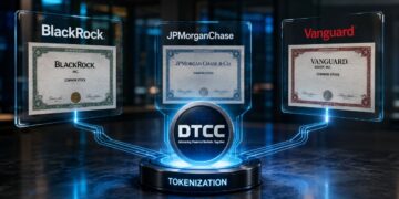 Representación digital de la tokenización de acciones de BlackRock, JPMorgan Chase y Vanguard por parte de DTCC.
