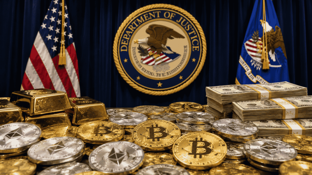 En una mesa, muchas monedas físicas de bitcoin y criptomonedas. En el fondo, bandera de eeuu y logos estatales.