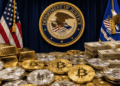 En una mesa, muchas monedas físicas de bitcoin y criptomonedas. En el fondo, bandera de eeuu y logos estatales.
