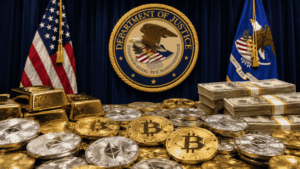 En una mesa, muchas monedas físicas de bitcoin y criptomonedas. En el fondo, bandera de eeuu y logos estatales.