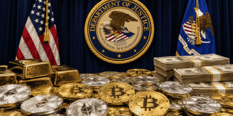 En una mesa, muchas monedas físicas de bitcoin y criptomonedas. En el fondo, bandera de eeuu y logos estatales.
