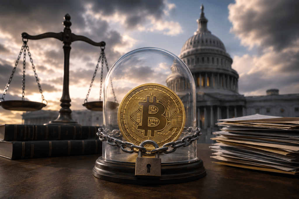 Moneda de bitcoin protegida bajo una cúpula de cristal con una cadena y un candado, frente al Capitolio de Estados Unidos