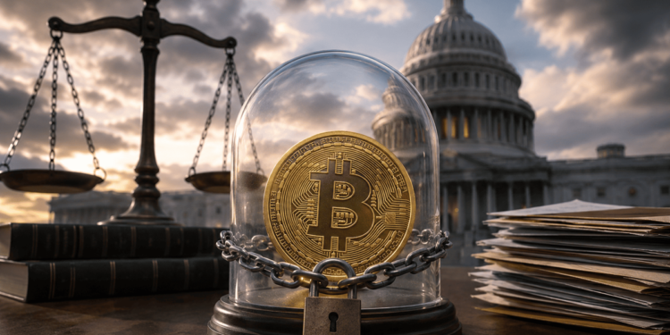 Moneda de bitcoin protegida bajo una cúpula de cristal con una cadena y un candado, frente al Capitolio de Estados Unidos