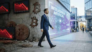 Un hombre camindo desde bitcoin hacia la IA.