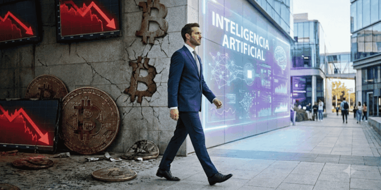 Un hombre camindo desde bitcoin hacia la IA.