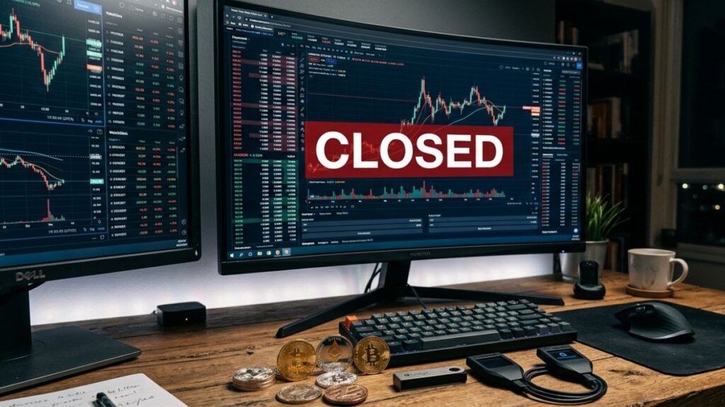 Escritorio de trading con pantallas mostrando gráficos bursátiles y aviso de cerrado, junto a criptomonedas y wallets frías.