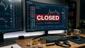 Escritorio de trading con pantallas mostrando gráficos bursátiles y aviso de cerrado, junto a criptomonedas y wallets frías.