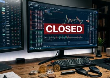 Escritorio de trading con pantallas mostrando gráficos bursátiles y aviso de cerrado, junto a criptomonedas y wallets frías.