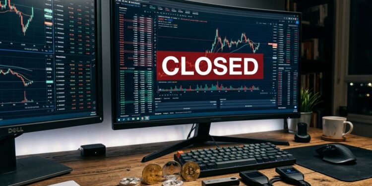 Escritorio de trading con pantallas mostrando gráficos bursátiles y aviso de cerrado, junto a criptomonedas y wallets frías.