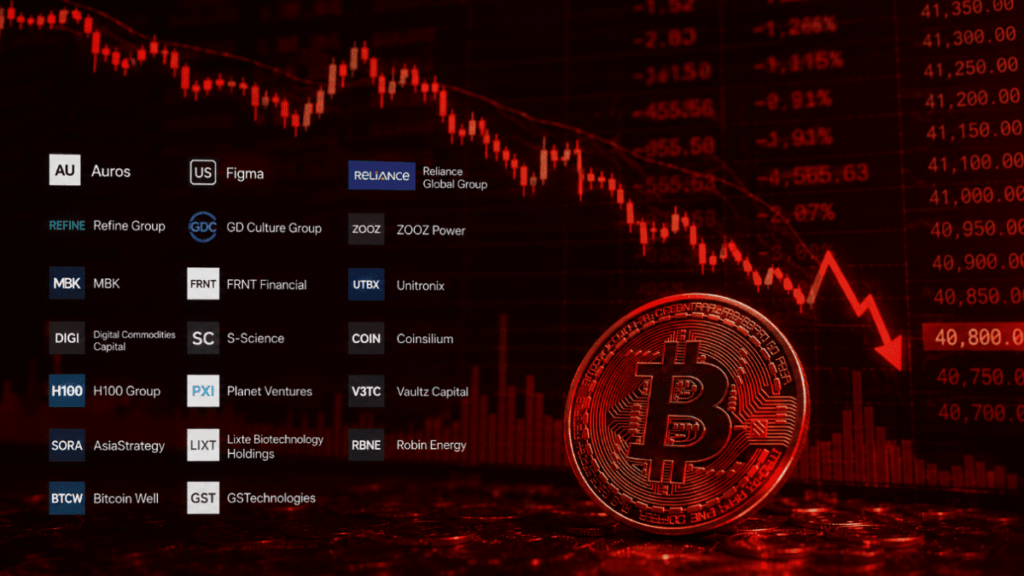 Logotipos de varias empresas, una moneda de bitcoin roja y una flecha roja cayendo.