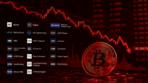 Logotipos de varias empresas, una moneda de bitcoin roja y una flecha roja cayendo.