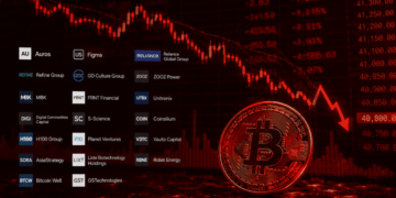 Logotipos de varias empresas, una moneda de bitcoin roja y una flecha roja cayendo.