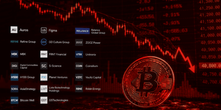 Logotipos de varias empresas, una moneda de bitcoin roja y una flecha roja cayendo.