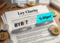 Documento de la ley Clarity con los logos de Bybit y Bitget, junto a criptomonedas alrededor.