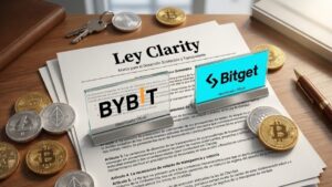 Documento de la ley Clarity con los logos de Bybit y Bitget, junto a criptomonedas alrededor.