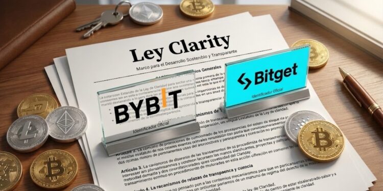Documento de la ley Clarity con los logos de Bybit y Bitget, junto a criptomonedas alrededor.