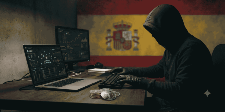 Un hacker transfiriendo fondos en USDT. Bandera de españa.