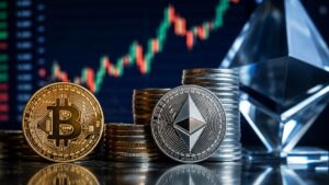 Monedas de Bitcoin y Ethereum frente a un gráfico bursátil de criptomonedas.