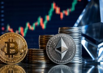 Monedas de Bitcoin y Ethereum frente a un gráfico bursátil de criptomonedas.