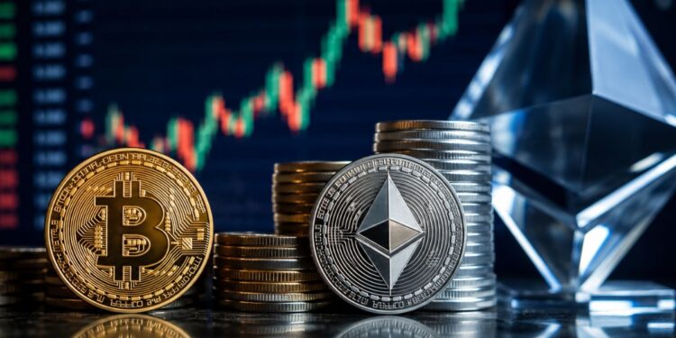 Monedas de Bitcoin y Ethereum frente a un gráfico bursátil de criptomonedas.