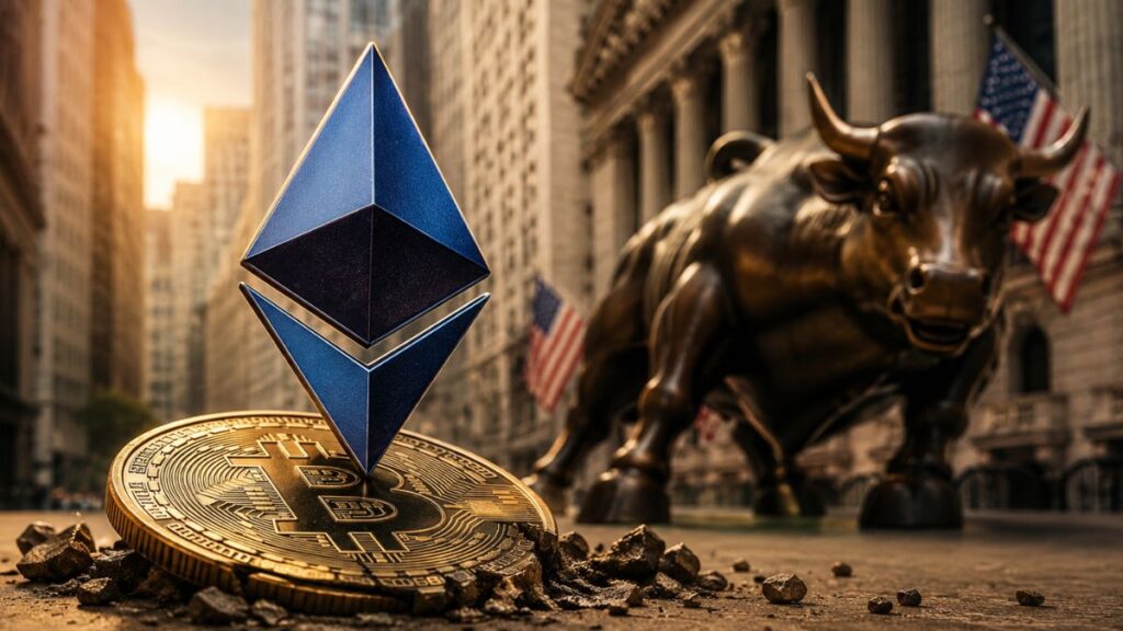Símbolo de Ethereum sobre moneda de Bitcoin en Wall Street.