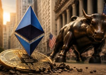 Símbolo de Ethereum sobre moneda de Bitcoin en Wall Street.
