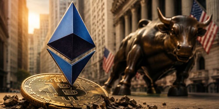 Símbolo de Ethereum sobre moneda de Bitcoin en Wall Street.